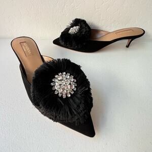 Aquazzura Crystal Lotus Kitten Heel Mules Embellished Italy Black Size 36.5/6.5